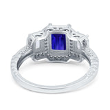 Emerald Cut Halo Engagement Ring Simulated Blue Sapphire CZ 925 Sterling Silver