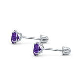 14k White Gold Round Solitaire Stud Earrings with Screw Back Simulated Amethyst Cubic Zirconia