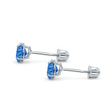 14k White Gold Round Solitaire Stud Earrings with Screw Back Simulated Blue Topaz Cubic Zirconia