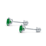 14k White Gold Round Solitaire Stud Earrings with Screw Back Simulated Green Emerald Cubic Zirconia
