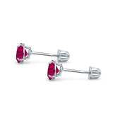 14k White Gold Round Solitaire Stud Earrings with Screw Back Simulated Ruby Cubic Zirconia