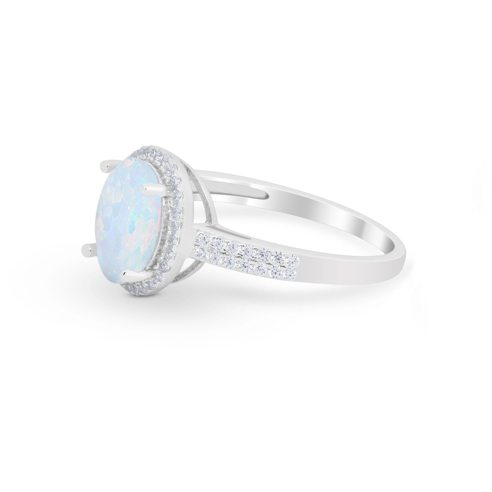 Oval  Engagement Ring Round Lab Created White Opal 925 Sterling Silver