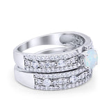 Art Deco Two Piece Bridal Set Wedding Ring Band Round Lab Created White Opal 925 Sterling Silver