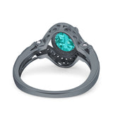 Oval Art Deco Wedding Ring Accent Vintage Black Tone, Simulated Paraiba Tourmaline CZ 925 Sterling Silver