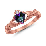Heart Shape Rose Tone, Simulated Rainbow CZ Claddagh Wedding Ring 925 Sterling Silver