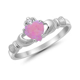 Heart Shape Lab Created Pink Opal Claddagh Wedding Ring 925 Sterling Silver