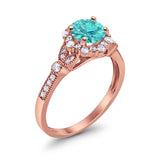 Floral Art Deco Engagement Ring Rose Tone, Simulated Paraiba Tourmaline CZ 925 Sterling Silver