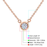 14K Rose Gold 0.06ct Round Shape Diamond Bezel Solitaire Pendant Chain Necklace 18" Long