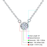 14K White Gold 0.06ct Round Shape Diamond Bezel Solitaire Pendant Chain Necklace 18" Long
