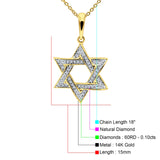 14K Yellow Gold 0.10ct Round Shape Jewish Star Of David Diamond Pendant Chain Necklace 18" Long