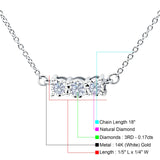 14K White Gold 0.17ct Round Shape Diamond Three Stone Pendant Chain Necklace 18" Long