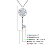 14K White Gold 0.08ct Round Shape Diamond Key Pendant Chain Necklace 18" Long