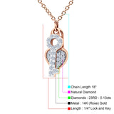 14K Rose Gold 0.13ct Round Shape Diamond Key To My Heart Pendant Chain Necklace 18" Long