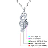 14K White Gold 0.13ct Round Shape Diamond Key To My Heart Pendant Chain Necklace 18" Long
