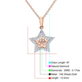 14K Rose Gold 0.17ct Round Shape Diamond Filigree Star Pendant Chain Necklace 18" Long