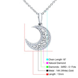 14K White Gold 0.17ct Round Shape Diamond Crescent Moon Pendant Chain Necklace 18" Long