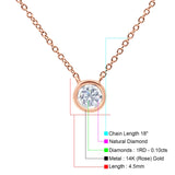 14K Rose Gold 0.10ct Round Shape Diamond Solitaire Bezel Pendant Chain Necklace 18" Long