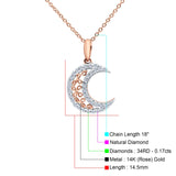 14K Rose Gold 0.17ct Round Shape Diamond Celestial Pendant Chain Necklace 18" Long