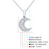 14K White Gold 0.17ct Round Shape Diamond Celestial Pendant Chain Necklace 18" Long