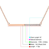 14K Rose Gold 0.09ct Round Shape Diamond Bar Pendant Chain Necklace 18" Long