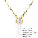 14K Yellow Gold 0.10ct Round Shape Diamond Bezel Solitaire Pendant Chain Necklace 18" Long