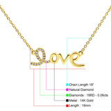 14K Yellow Gold 0.06ct Round Shape Diamond Heart Love Script Pendant Chain Necklace 18" Long