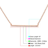 14K Rose Gold 0.06ct Round Shape Diamond Line Bar Pendant Chain Necklace 18" Long