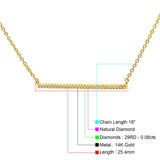 14K Yellow Gold 0.06ct Round Shape Diamond Line Bar Pendant Chain Necklace 18" Long