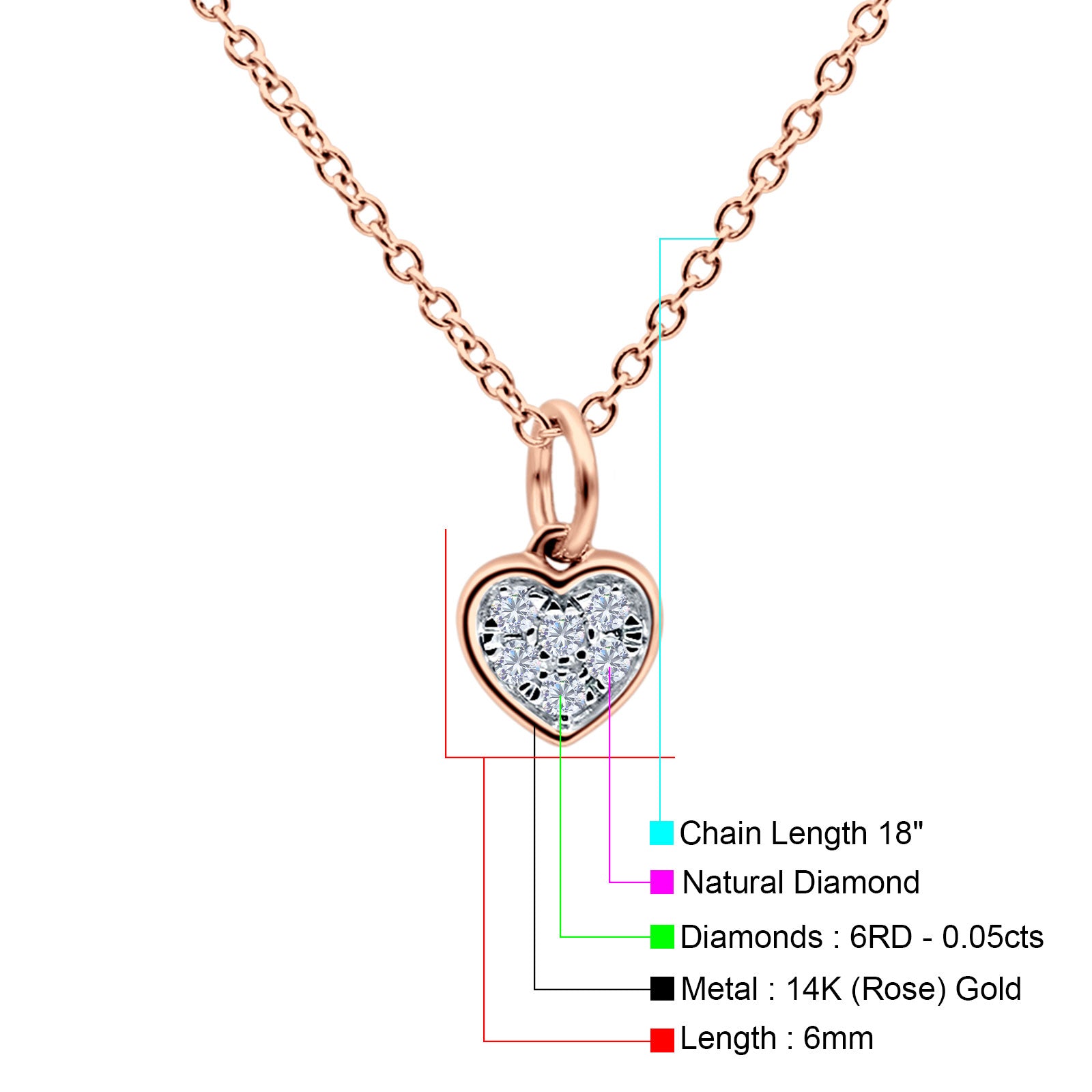 14K Rose Gold 0.05ct Round Shape Diamond Heart Pendant Chain
