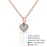 14K Rose Gold 0.05ct Round Shape Diamond Heart Pendant Chain Necklace 18 inch Long