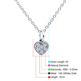 14K White Gold 0.05ct Round Shape Diamond Heart Pendant Chain Necklace 18" Long