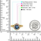 14K Yellow Gold 1.42ct Art Deco Round 7mm G SI London Blue Topaz Diamond Engagement Wedding Ring Size 6.5