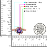 14K Rose Gold 1.42ct Art Deco Round 7mm G SI Natural Amethyst Diamond Engagement Wedding Ring Size 6.5