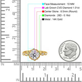 14K Yellow Gold Floral Art Deco GIA Certified Round 6.5mm F VS1 1.01ct Lab Grown CVD Diamond Engagement Wedding Ring