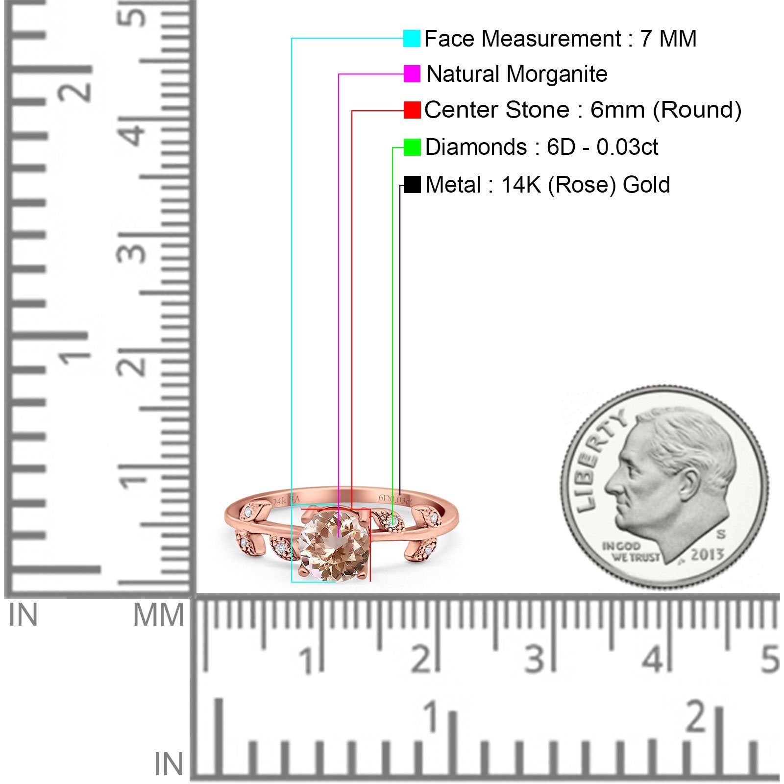 14K Rose Gold 0.87ct Round Natural Morganite G SI Diamond Engagement Ring Size 6.5
