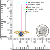 14K Yellow Gold 0.99ct Round Petite Dainty 6mm G SI London Blue Topaz Diamond Engagement Wedding Ring Size 6.5