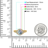 14K Yellow Gold 1.25ct Floral Art Deco Round 6mm G SI Natural Aquamarine Diamond Engagement Wedding Ring Size 6.5
