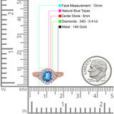 14K Rose Gold 1.25ct Floral Art Deco Round 6mm G SI Natural Blue Topaz Diamond Engagement Wedding Ring Size 6.5