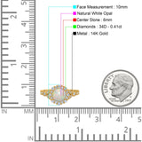 14K Yellow Gold 0.41ct Floral Art Deco Round 6mm G SI Natural White Opal Diamond Engagement Wedding Ring Size 6.5