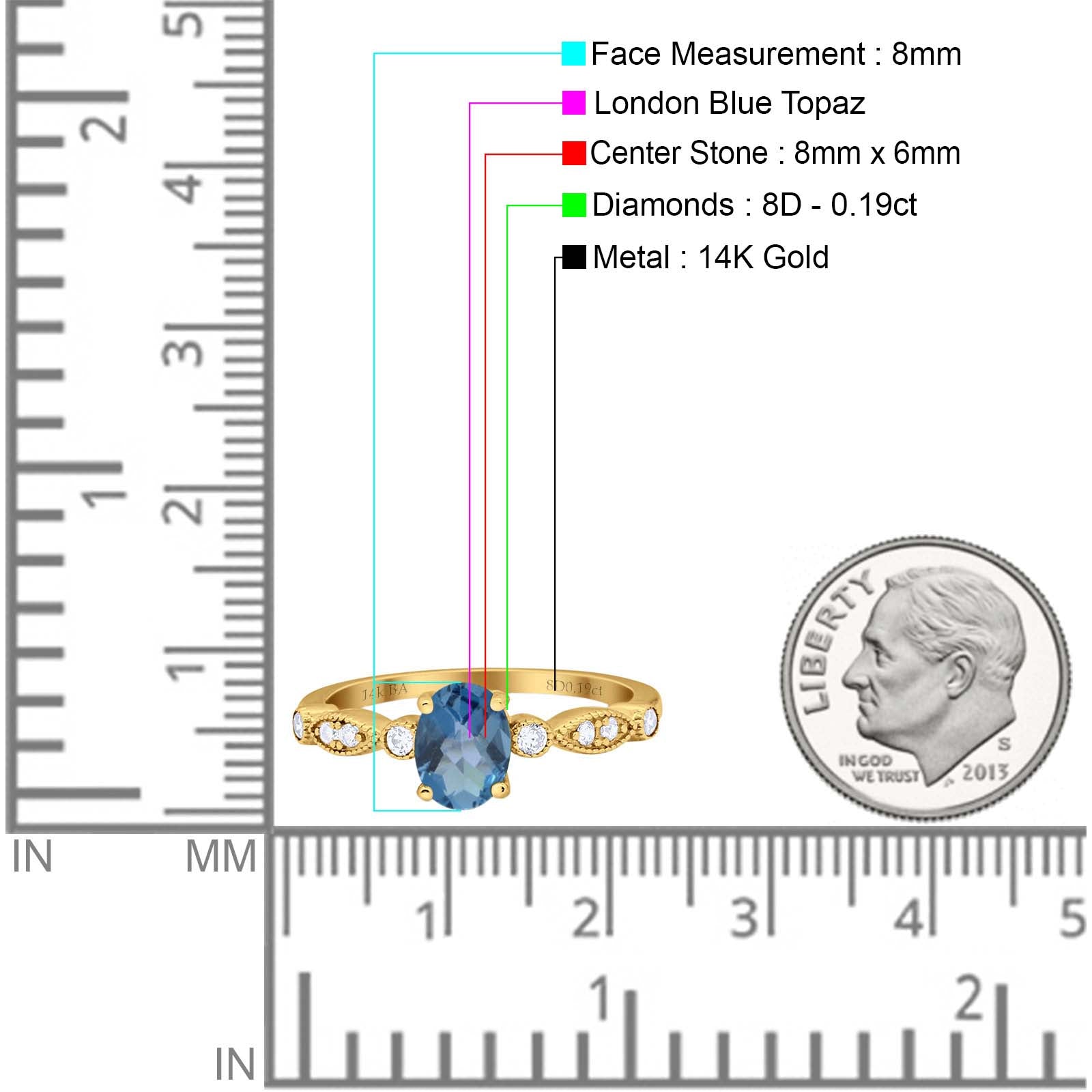 14K Yellow Gold 1.4ct Oval Vintage Style 8mmx6mm G SI London Blue Topaz Diamond Engagement Wedding Ring Size 6.5