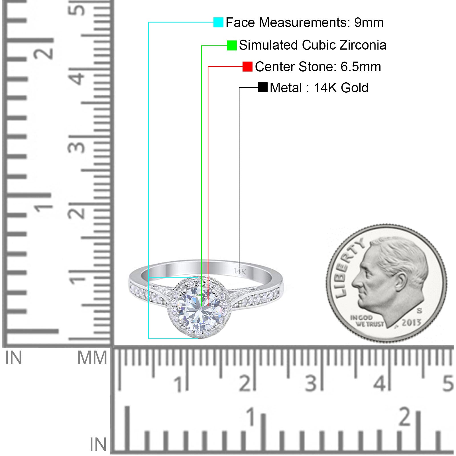 14K White Gold Halo Round Bridal Wedding Engagement Ring Simulated CZ Size-7