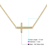 14K Yellow Gold CZ Side Way Cross Necklace 17" + 1" Extension