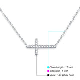 14K White Gold CZ Side Way Cross Necklace 17" + 1" Extension