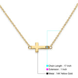 14K Yellow Gold CZ Side Way Cross Necklace 17" + 1" Extension