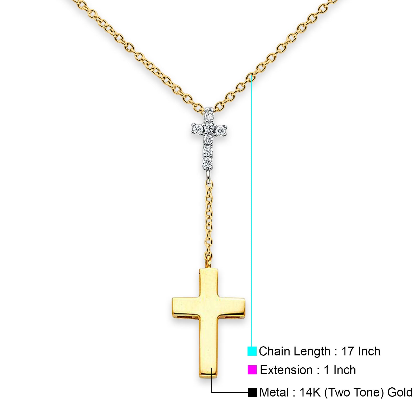 14K Gold Cross Pendant Necklace With Cubic Zirconia - Hypoallergenic, 17.7" Chain, Gift Box