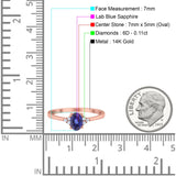 14K Rose Gold 0.87ct Art Deco Oval 7mmx5mm G SI Nano Blue Sapphire Diamond Engagement Wedding Ring Size 6.5