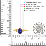 14K Yellow Gold 1.26ct Oval Art Deco 8mmx6mm G SI Lab Blue Sapphire Diamond Engagement Wedding Ring Size 6.5