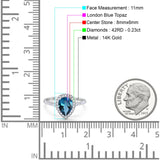 14K White Gold 1.48ct Teardrop Pear 8mmx6mm G SI London Blue Topaz Diamond Engagement Wedding Ring Size 6.5