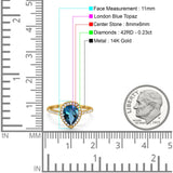 14K Yellow Gold 1.48ct Teardrop Pear 8mmx6mm G SI London Blue Topaz Diamond Engagement Wedding Ring Size 6.5