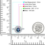 14K White Gold 0.77ct Halo Art Deco Round 5.5mm G SI London Blue Topaz Diamond Engagement Wedding Ring Size 6.5